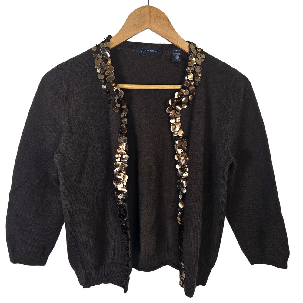 Context Womens Brown Merino Wool Sequin Trim Open Front Cardigan Shrug M Y2K